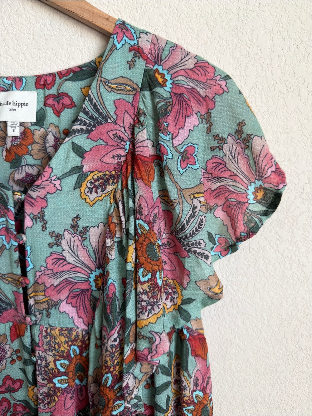 Haute Hippie Tribe Karen Floral Flutter Sleeve Babydoll Blouse Modal Size S Boho - Picture 7 of 12